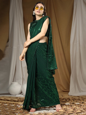 zili Printed, Self Design Bollywood Georgette Saree(Green)