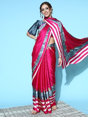 Ratnavati Floral Print Bollywood Crepe Saree(Pink, Grey)