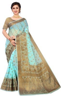 PromiseCreation Woven Kanjivaram Cotton Blend Saree(Light Blue)