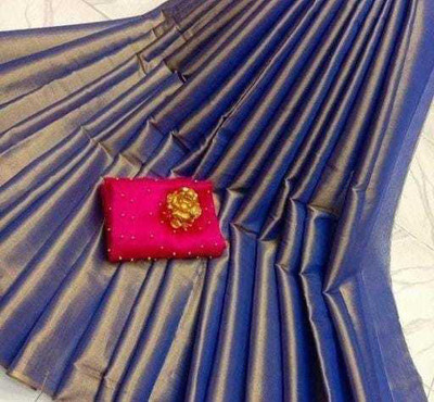 SFCS Solid/Plain Bollywood Tissue Saree(Dark Blue)