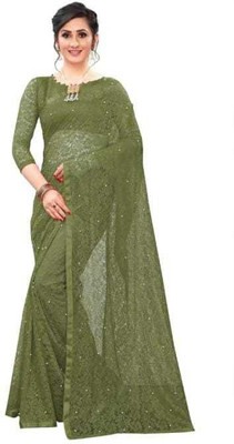 Aarya creation Embellished Bollywood Net Saree(Dark Green)