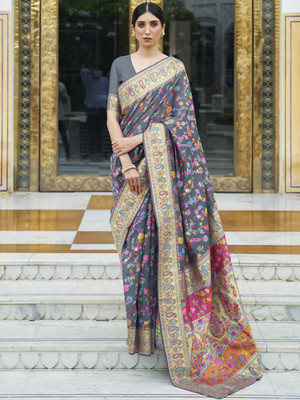 Ratnavati Floral Print Bollywood Silk Blend Saree(Grey)