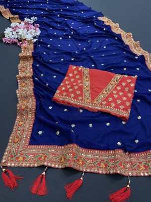 PANSURIYA FASHION Embroidered Banarasi Satin Saree(Blue)