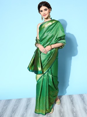 Ratnavati Woven, Floral Print Kanjivaram Silk Blend, Art Silk Saree(Green)