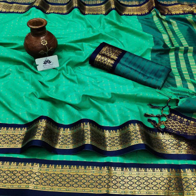Juhi Collection Temple Border, Woven, Checkered, Solid/Plain Bollywood Art Silk, Cotton Silk Saree(Green)