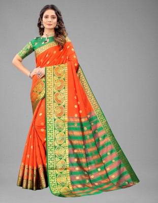 PromiseCreation Woven Banarasi Cotton Silk Saree(Orange)