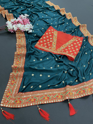 Piton Enterprise Embroidered Bollywood Art Silk Saree(Light Blue)