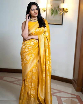 ADESH LACE HOUSE Self Design Banarasi Art Silk Saree(Yellow)
