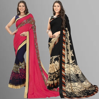 kashvi sarees Printed Daily Wear Georgette Saree(Pack of 2, Multicolor, Black)