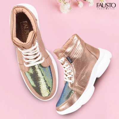 FAUSTO Embellished Casual Fashion High Ankle Heel Lace Up with Anti Skid Sole Mojaris For Women(Gold)