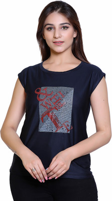 Ogarti Typography Women Round Neck Dark Blue T-Shirt