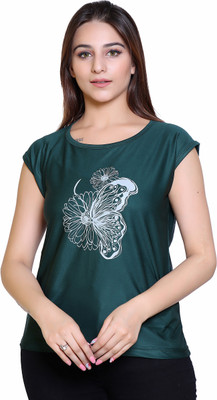 Ogarti Printed Women Round Neck Green T-Shirt