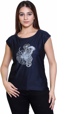 Ogarti Printed Women Round Neck Dark Blue T-Shirt