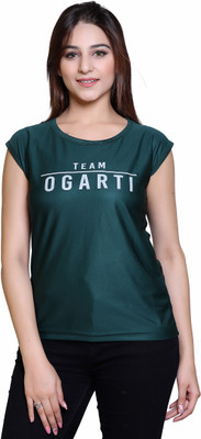 Ogarti Typography, Printed Women Round Neck Green T-Shirt