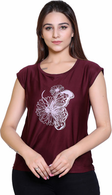 Ogarti Printed Women Round Neck Maroon T-Shirt