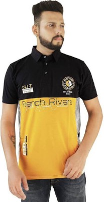 BlueFicus Printed Men Polo Neck Black, Yellow T-Shirt