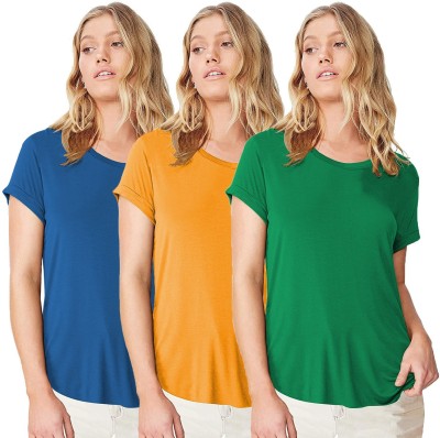 THE BLAZZE Solid Women Round Neck Dark Blue, Yellow, Light Green T-Shirt