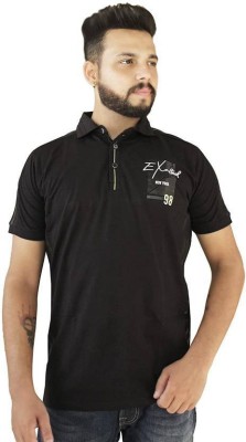 BlueFicus Printed Men Polo Neck Black T-Shirt