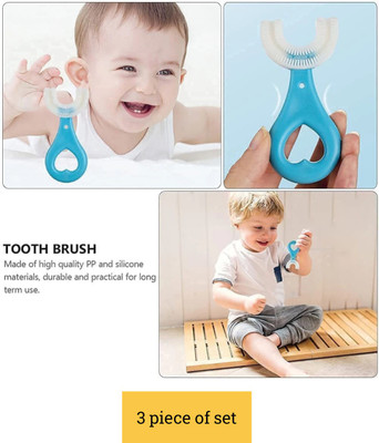 AAhan U shaped tooth brush silicon blue color for kids 2-12 yrs rotating re-use able Ultra Soft Toothbrush(Pack of 3)