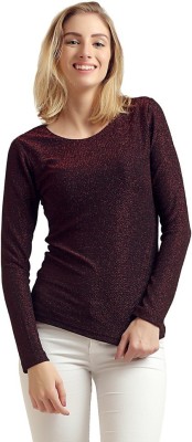 MODA ELEMENTI Casual Full Sleeve Self Design Women Maroon Top