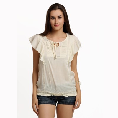 MODA ELEMENTI Casual Ruffled Sleeve Solid Women White Top