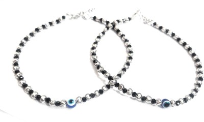 Shukrana Blue evil eye silver and black beads metal chain anklet Fabric Anklet(Pack of 2)