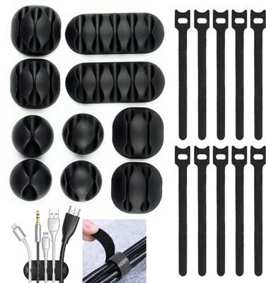 Epaal 20 pcs Cord Cable Organizer Adhesive Clips With Hook & Loop Cable Ties - Black Polyester Hook & Loop Cable Tie(Black Pack of 20)