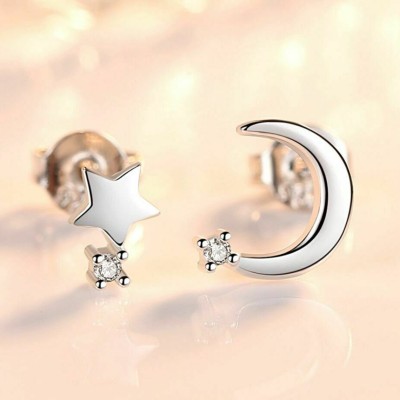 MYKI Assymetrical Star Moon Design Stud Earring For Women & Girls Cubic Zirconia Metal Stud Earring