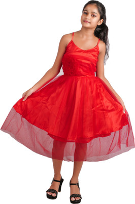 MUMMASCHOICE Indi Girls Midi/Knee Length Casual Dress(Red, Sleeveless)