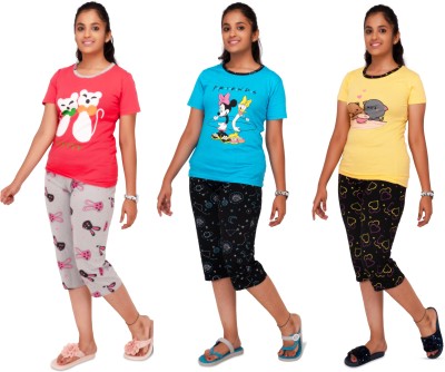 pink you Kids Nightwear Girls Printed Cotton Blend(Multicolor Pack of 3)