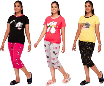 pink you Kids Nightwear Girls Graphic Print Cotton Blend(Multicolor Pack of 3)