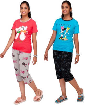 pink you Kids Nightwear Girls Printed Cotton Blend(Multicolor Pack of 2)