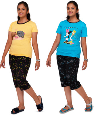 pink you Kids Nightwear Girls Printed Cotton Blend(Multicolor Pack of 2)