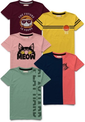 Hellcat Boys Typography Cotton Blend Regular T Shirt(Multicolor, Pack of 5)