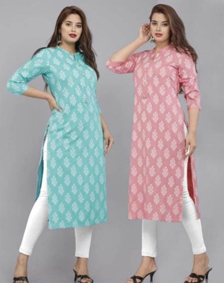 SARA Women Printed Straight Kurta(Blue, Pink)