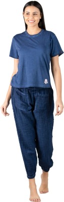 Evolove Women Solid Dark Blue Top & Pyjama Set