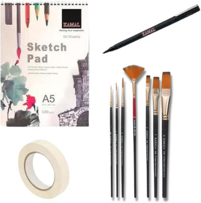 KAMAL Brush Set Combo with (A5) Sketch Pad,Tape and Fine Liner Pen for (A5)(Brown, Black)