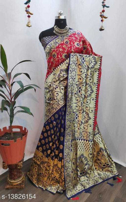 pluze fashion studio Woven Kanjivaram Pure Silk Saree(Red)