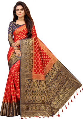 DHRUTI TEXTILES Woven Banarasi Cotton Silk Saree(Red)