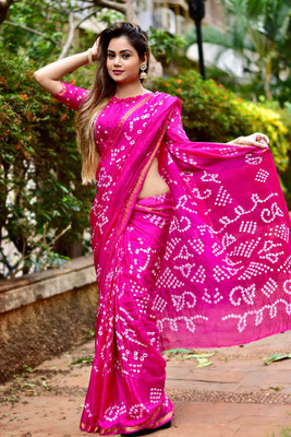 shreeji creation Printed Bandhani Pure Silk Saree(Black)