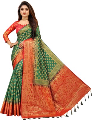 DHRUTI TEXTILES Woven Banarasi Cotton Silk Saree(Green)