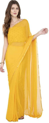 JustEthnic Solid/Plain Bollywood Chiffon Saree(Yellow)