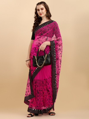 ALAGINI Embroidered Bollywood Net, Supernet Saree(Pink)