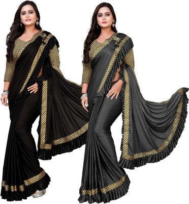 DECOFIN Woven, Solid/Plain Bollywood Lycra Blend Saree(Pack of 2, Black, Grey)