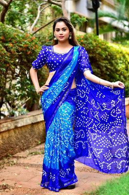 shreeji creation Printed Bandhani Pure Silk Saree(Blue)