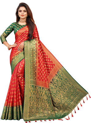 DHRUVIL TEXTILES Woven Banarasi Cotton Silk Saree(Red)