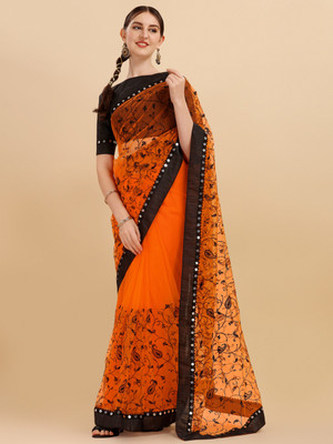 ALAGINI Embroidered Bollywood Net, Supernet Saree(Orange)