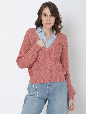 VERO MODA Self Design V Neck Casual Women Pink Sweater