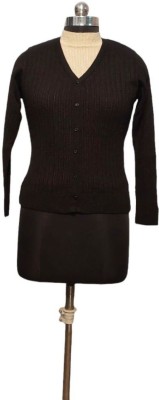 WOOL VINES Solid V Neck Casual Women Black Sweater