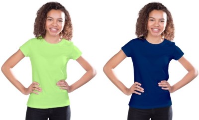 BLD Solid Women Round Neck Dark Blue, Light Green T-Shirt